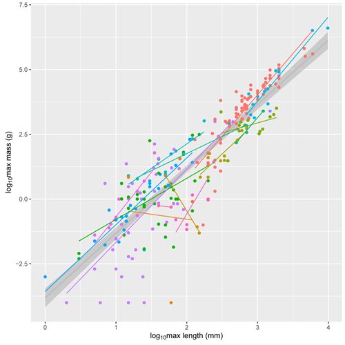 Initial exploration of the UK marine species body size dataset, showing maximum mass against maximum length for the 269 species which have estimates of both. Colours represent taxonomic classes. The general positive relationship here is reassuring, given the diverse sources of data used to compile the dataset - and it is potentially useful given that information on species lengths is much more plentiful than measurements of mass